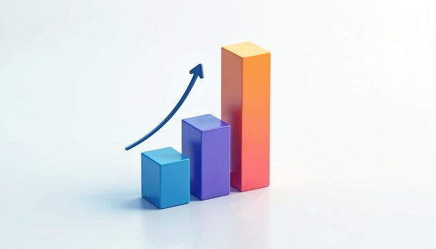 Three dimensional colorful bar graph shows financial data progress. Blue arrow points up, illustrating business success, market growth, investment. Corporate concept for profit, accounting, economic