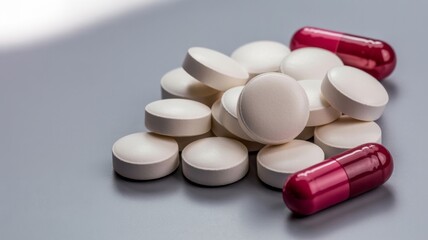 Pile of pharmaceutical capsules, pills. Healthcare, medication.