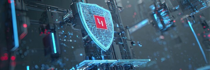 A digital security shield floats amidst a complex network of illuminated circuit boards