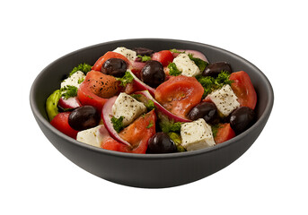 Fresh Traditional Greek Salad with Feta Cheese, Tomatoes, Cucumbers, and Olives on Rustic Table


