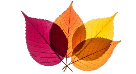Obraz premium Overlapping autumn leaves in vibrant colors translucent and backlit isolated on white
