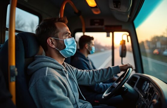 Bus drivers wear face masks during the pandemic. Two men in masks driving. Safety measures on public transport. City life. Transportation workers at work. - Powered by Adobe