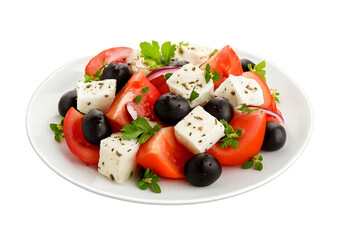 Fresh Traditional Greek Salad with Feta Cheese, Tomatoes, Cucumbers, and Olives on Rustic Table

