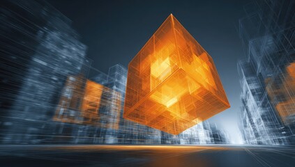 Abstract architectural cityscape featuring a glowing orange cube amidst blurred, transparent building outlines