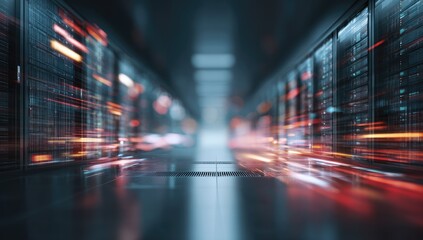 Long hallway view of server racks with blurred streaks of light, focused on data transfer