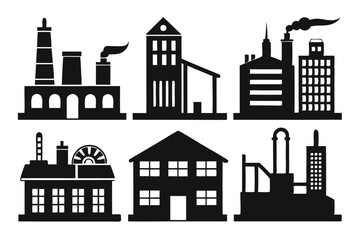 Silhouette building icons showcase diverse industrial and residential structures in clean architectural art