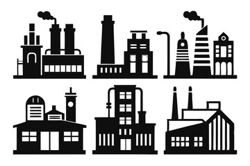 Obraz premium Various monochrome factory silhouette icons each featuring distinct architectural and industrial structures compose an array