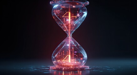 Futuristic hourglass glowing with digital data. Time concept, glowing light effects, dark background
