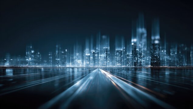 Futuristic city skyline at night with blurred lights and a long road reflecting the city lights - Powered by Adobe