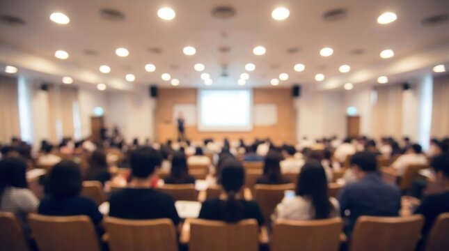 Audience Attending a Conference or Lecture in a Large Hall. Abstract blurred image of university students or business people listening to a speaker