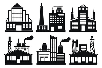 Obraz premium Black factory silhouette set shows diverse architectural style and smoky industrial design