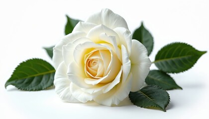 Fototapeta premium Fresh white rose flower with vibrant green leaves. Delicate petals unfurl gracefully, showing light yellow core. Beautiful bloom purity, love, elegance. Perfect for weddings, celebrations, romantic