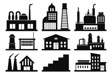 Obraz premium Various architectural silhouettes representing industrial buildings, factory structures, and modern architecture, all in black and white