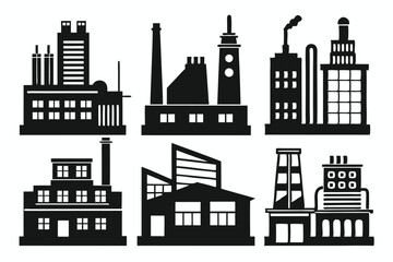 Fototapeta premium Six black and white factory silhouettes showcase varied industrial architecture against a clean background