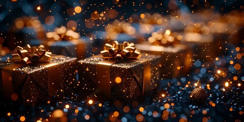 Panoramic View of Golden Gift Boxes with Sparkling Lights, Perfect for Holiday and Celebration Themes