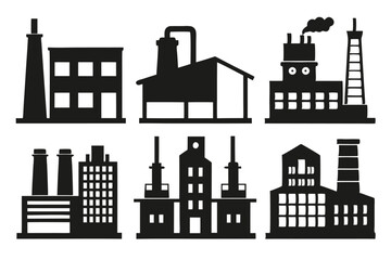Obraz premium Black factory silhouette shows different architecture designs for industrial building concepts in monochrome