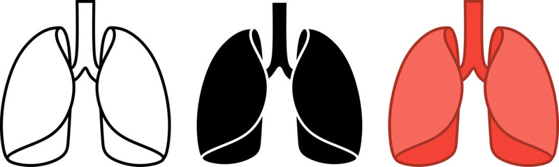 Fototapeta premium Lungs icon vector set featuring outline, solid, and color styles. Perfect for medical apps, healthcare branding, anatomy guides, clinics, and respiratory health illustrations.