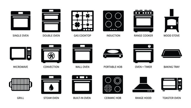 Set of black and white cooking appliances icons including single oven double oven gas cooktop induction and wood stove