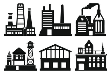 Fototapeta premium Black silhouettes showcase various industrial structures, including factories, smokestacks and buildings in a row
