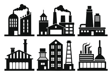 Obraz premium Six black factory silhouettes present various industrial plants, each differing in architectural style