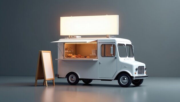 Clean white food truck parked on plain grey studio background. Open service window displays baked goods. Blank illuminated sign above truck, sandwich board easel beside it ready for custom text.