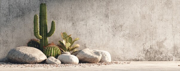 Still life composition featuring cacti, rocks, and succulent plants against a textured concrete wall backdrop