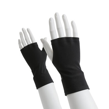 Elegant black wrist warmers gracefully adorning mannequin hands in a pristine studio shot