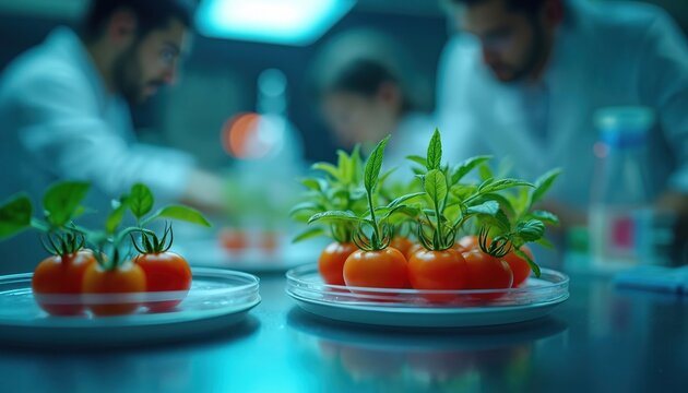 Scientists study tomato plants in lab. Researchers check growth in sterile conditions for food innovation and crop science advancements. Healthy plants on petri dishes.