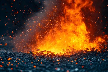 Bright orange flames erupting from hot embers with glowing sparks in the air