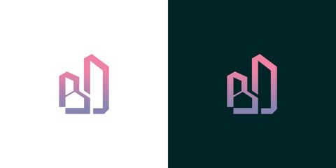 Abstract BJ letter initial logo forming a modern building skyline. A futuristic real estate and construction monogram with a vibrant purple gradient