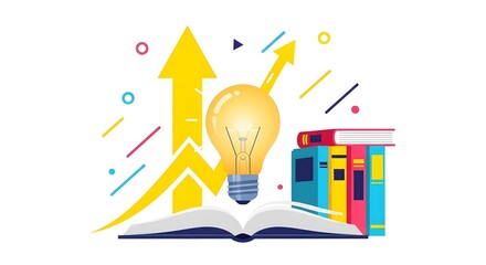 Bright lightbulb with books and upward arrows concept for education and business growth vector illus