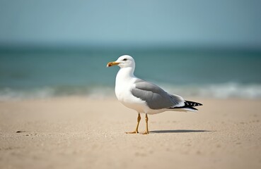 Fototapeta premium White seagull with grey wings stands on sandy beach near blue ocean water. Bird waits near sea wave with shallow depth of field background. A lone seabird observes coast.