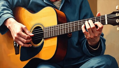Obraz premium Hands play on classic acoustic guitar illustration. Fingers press strings making chords. Musician performs song. Concept music therapy helps relax, music artistic expression, emotional connection.