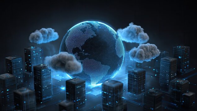 Futuristic city with globe representing interconnected global technology, clouds, and buildings - Powered by Adobe