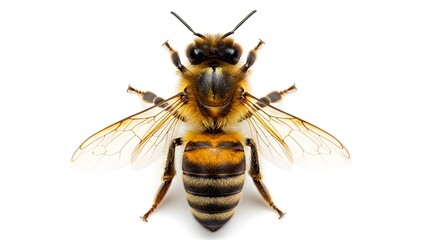 Honeybee close-up detailed macro shot of a bee isolated on white background