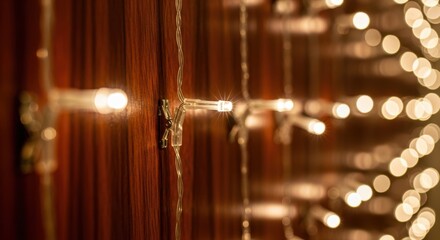 Festive holiday string lights glow warmly against a rich wooden texture, with a shallow depth of field creating a dreamy bokeh background
