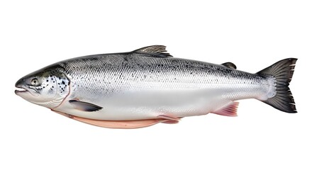 Fresh raw salmon fish whole and uncooked isolated on white background ready for cooking