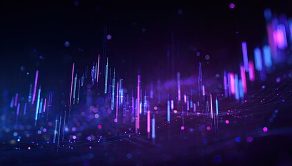 Digital abstract of rising and falling data columns, glowing in neon blues and purples