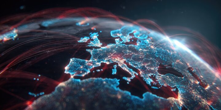 Glowing globe with lights highlighting European cities, red lines connecting world. 3D visualization