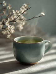 Delicate green tea served in a ceramic cup, with steam rising softly against a pale spring backdrop, enhancing the serene atmosphere of a tranquil moment