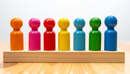 Line of Rainbow Colored Wooden People Figures Representing Diversity and Inclusion