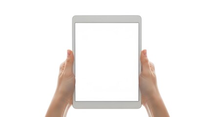 Hands holding a tablet with a blank white screen perfect for showcasing app designs isolated on whit