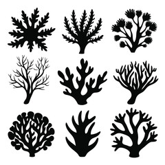 Black coral silhouette collection showcases diverse shapes on a clean white plain landscape background