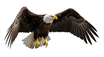 Bald eagle soars wings spread a majestic symbol of freedom and power isolated on white