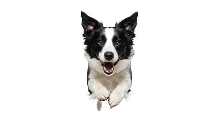 Happy border collie dog running towards camera isolated on white background playful pet portrait