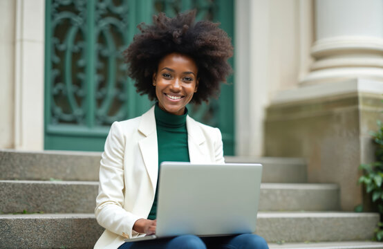Young smiling Black woman with afro hairstyle sits on stone steps. Uses laptop outdoors, working studying remotely. Woman embraces tech connectivity, modern pro successful lifestyle in urban setting.