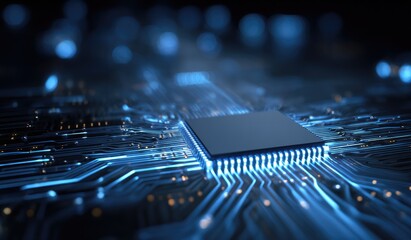 Close-up of a central processing unit (CPU) on a motherboard with glowing blue lines