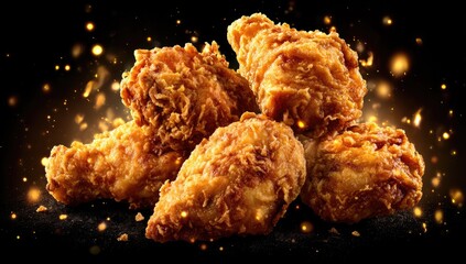 Close-up of golden-brown, crispy, fried chicken pieces, with sparkling light effects on black backdrop