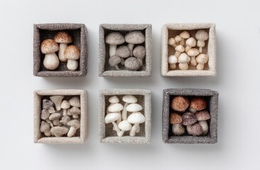 Assortment of mushrooms displayed in textured, square containers