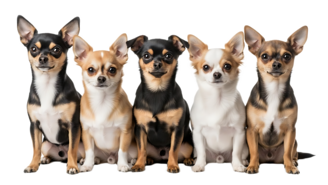 A group of five chihuahua dogs sitting in a row looking forward with their ears up and alert posture